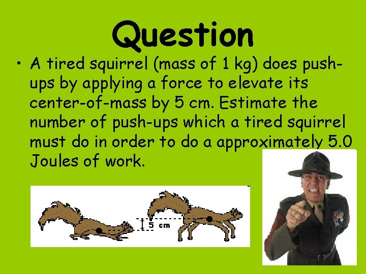 Question • A tired squirrel (mass of 1 kg) does pushups by applying a