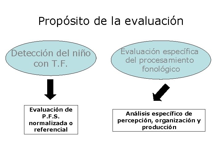 Propósito de la evaluación Detección del niño con T. F. Evaluación específica del procesamiento