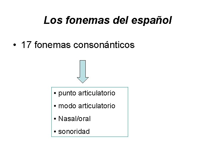 Los fonemas del español • 17 fonemas consonánticos • punto articulatorio • modo articulatorio
