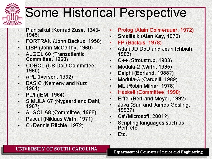 Some Historical Perspective • • • Plankalkül (Konrad Zuse, 19431945) FORTRAN (John Backus, 1956)