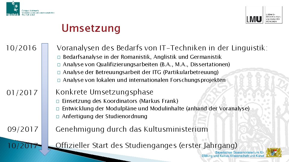 Umsetzung 10/2016 Voranalysen des Bedarfs von IT-Techniken in der Linguistik: � � 01/2017 Bedarfsanalyse