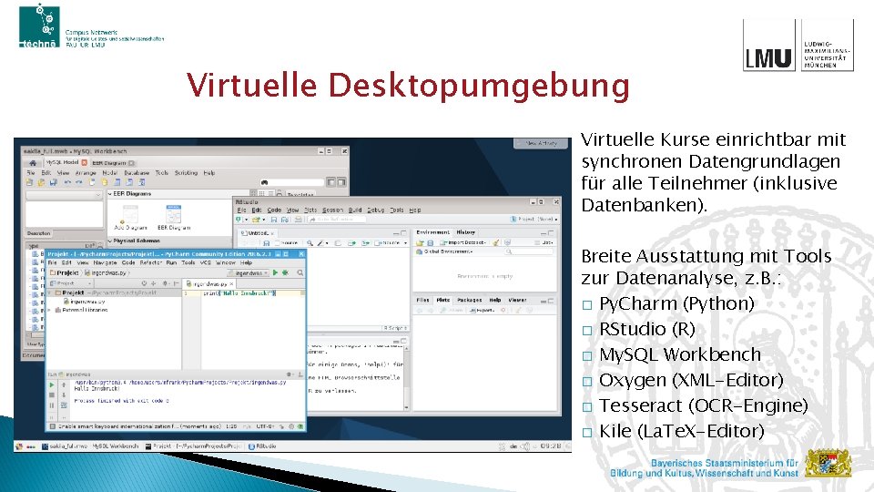 Virtuelle Desktopumgebung Virtuelle Kurse einrichtbar mit synchronen Datengrundlagen für alle Teilnehmer (inklusive Datenbanken). Breite