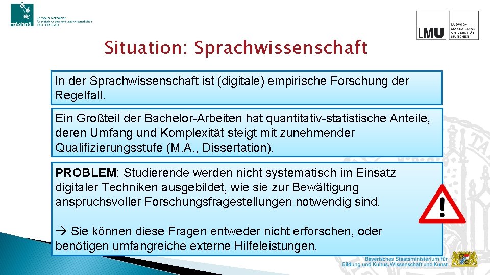 Situation: Sprachwissenschaft In der Sprachwissenschaft ist (digitale) empirische Forschung der Regelfall. Ein Großteil der