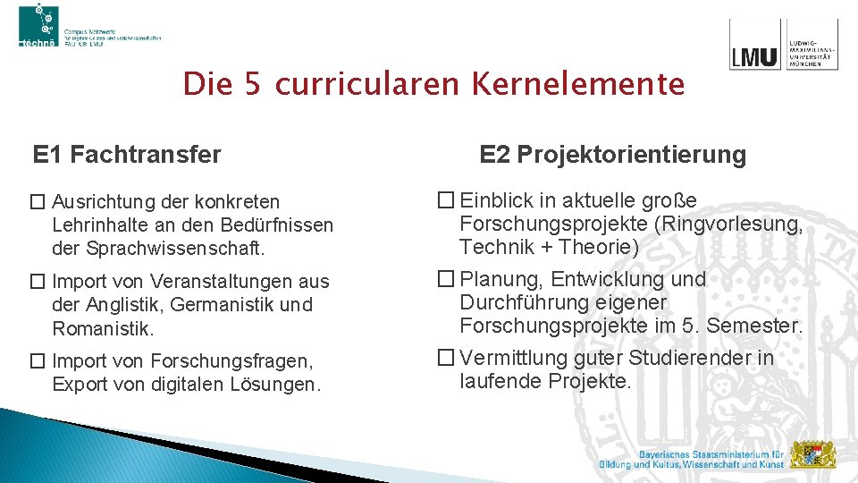 Die 5 curricularen Kernelemente E 1 Fachtransfer � Ausrichtung der konkreten Lehrinhalte an den