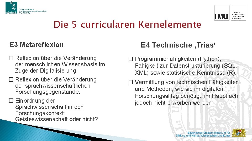 Die 5 curricularen Kernelemente E 3 Metareflexion E 4 Technische ‚Trias‘ � Reflexion über