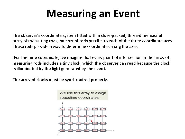 Measuring an Event The observer's coordinate system fitted with a close-packed, three-dimensional array of