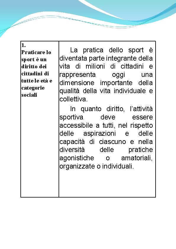 1. Praticare lo sport è un diritto dei cittadini di tutte le età e