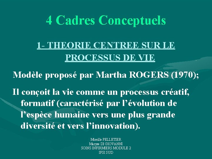 4 Cadres Conceptuels 1 - THEORIE CENTREE SUR LE PROCESSUS DE VIE Modèle proposé 4 Cadres Conceptuels 1 - THEORIE CENTREE SUR LE PROCESSUS DE VIE Modèle proposé