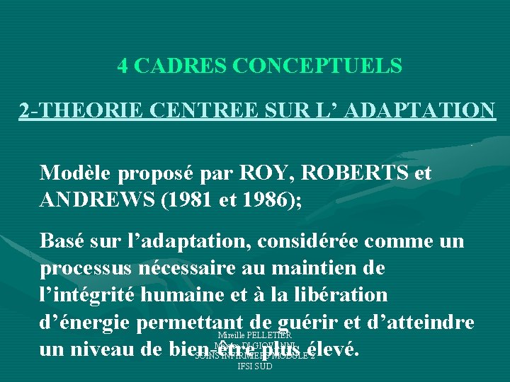 4 CADRES CONCEPTUELS 2 -THEORIE CENTREE SUR L’ ADAPTATION Modèle proposé par ROY, ROBERTS 4 CADRES CONCEPTUELS 2 -THEORIE CENTREE SUR L’ ADAPTATION Modèle proposé par ROY, ROBERTS