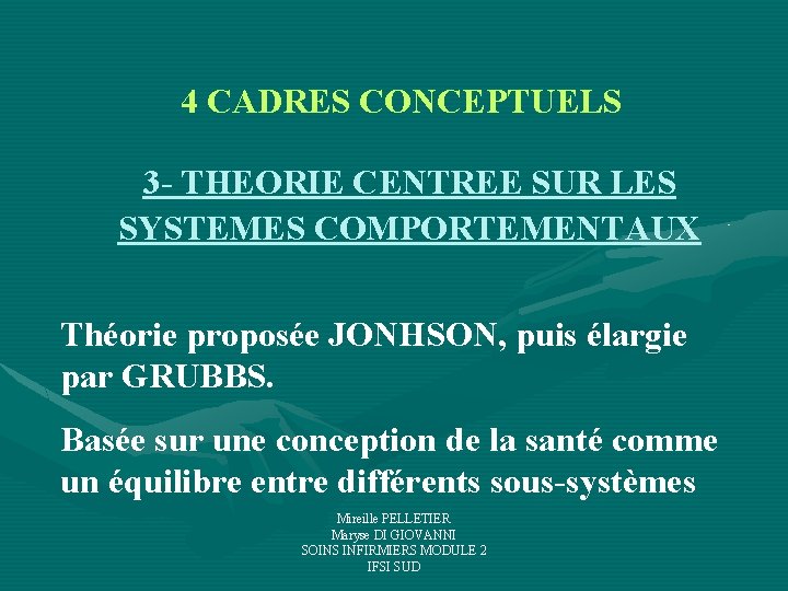4 CADRES CONCEPTUELS 3 - THEORIE CENTREE SUR LES SYSTEMES COMPORTEMENTAUX Théorie proposée JONHSON, 4 CADRES CONCEPTUELS 3 - THEORIE CENTREE SUR LES SYSTEMES COMPORTEMENTAUX Théorie proposée JONHSON,
