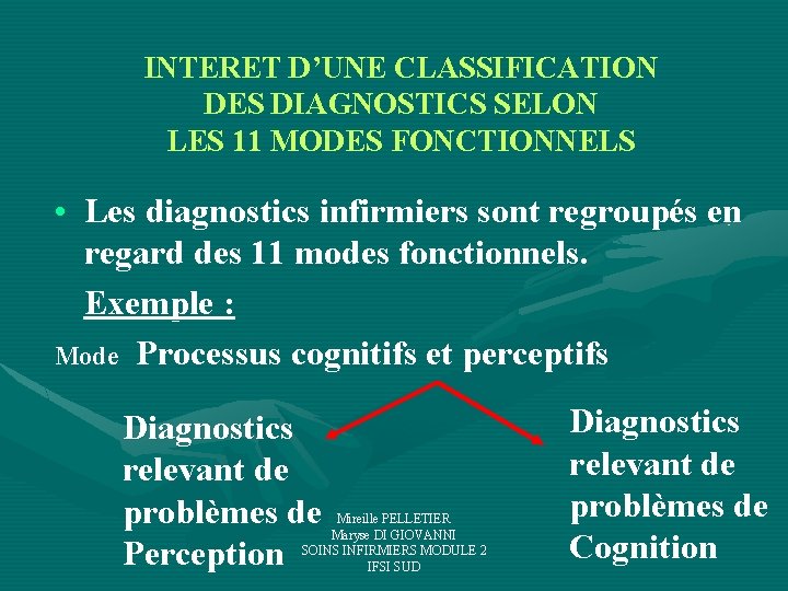INTERET D’UNE CLASSIFICATION DES DIAGNOSTICS SELON LES 11 MODES FONCTIONNELS • Les diagnostics infirmiers INTERET D’UNE CLASSIFICATION DES DIAGNOSTICS SELON LES 11 MODES FONCTIONNELS • Les diagnostics infirmiers