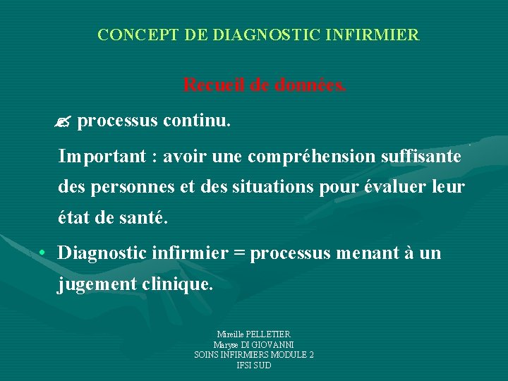CONCEPT DE DIAGNOSTIC INFIRMIER Recueil de données. processus continu. Important : avoir une compréhension CONCEPT DE DIAGNOSTIC INFIRMIER Recueil de données. processus continu. Important : avoir une compréhension