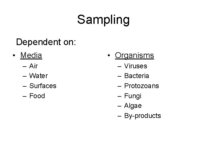 Sampling Dependent on: • Media – – Air Water Surfaces Food • Organisms –