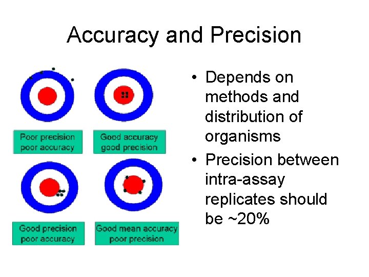 Accuracy and Precision • Depends on methods and distribution of organisms • Precision between