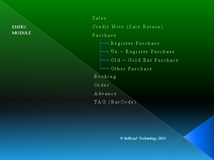  ENTRY MODULE Sales Credit Note (Sale Return) Purchase Register Purchase Un – Register