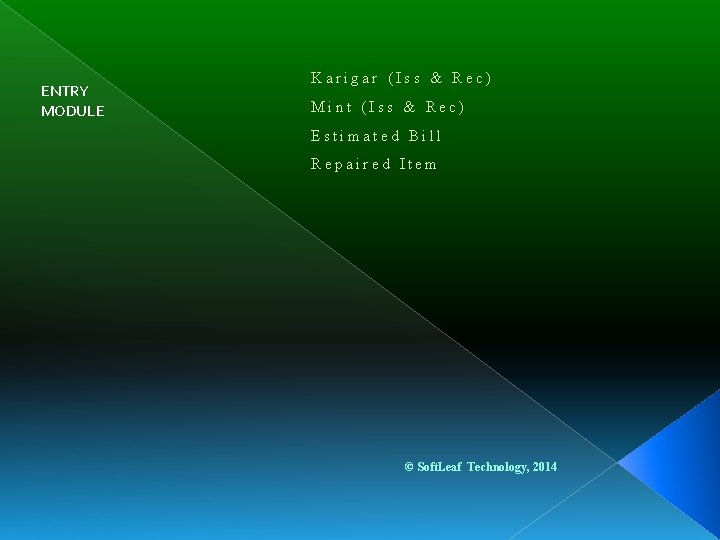  ENTRY MODULE Karigar (Iss & Rec) Mint (Iss & Rec) Estimated Bill Repaired
