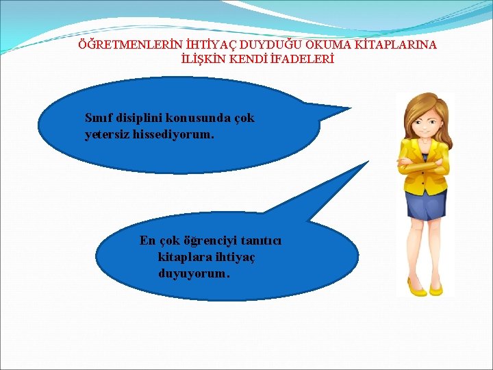 ÖĞRETMENLERİN İHTİYAÇ DUYDUĞU OKUMA KİTAPLARINA İLİŞKİN KENDİ İFADELERİ Sınıf disiplini konusunda çok yetersiz hissediyorum.