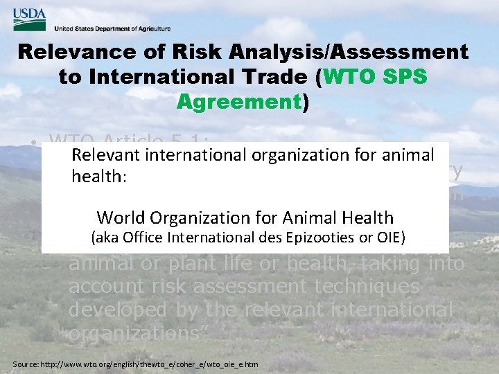 Relevance of Risk Analysis/Assessment to International Trade (WTO SPS Agreement) • WTO Article 5.