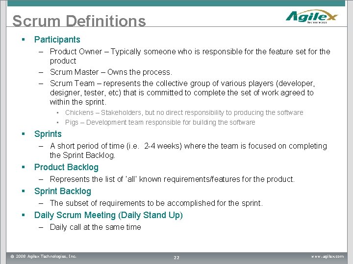 Scrum Definitions § Participants – Product Owner – Typically someone who is responsible for Scrum Definitions § Participants – Product Owner – Typically someone who is responsible for