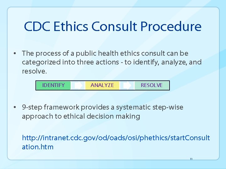 CDC Ethics Consult Procedure • The process of a public health ethics consult can