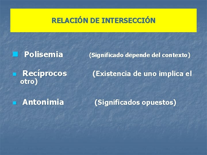 RELACIÓN DE INTERSECCIÓN n Polisemia n n (Significado depende del contexto) Recíprocos (Existencia de