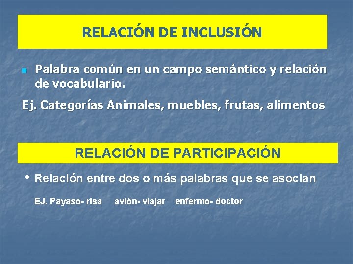 RELACIÓN DE INCLUSIÓN n Palabra común en un campo semántico y relación de vocabulario.