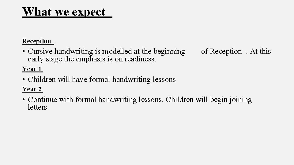 What we expect Reception • Cursive handwriting is modelled at the beginning early stage