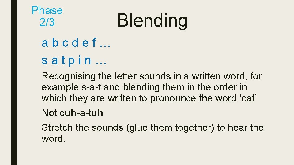 Phase 2/3 Blending abcdef… satpin… Recognising the letter sounds in a written word, for