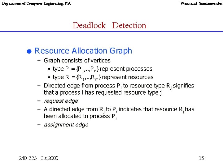 Department of Computer Engineering, PSU Wannarat Suntiamorntut Deadlock Detection 240 -323 Os, 2000 15