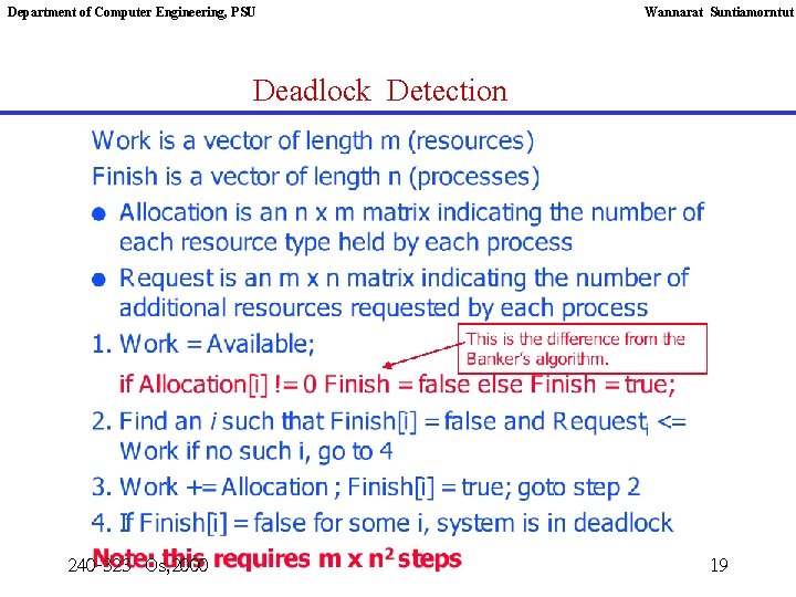 Department of Computer Engineering, PSU Wannarat Suntiamorntut Deadlock Detection 240 -323 Os, 2000 19