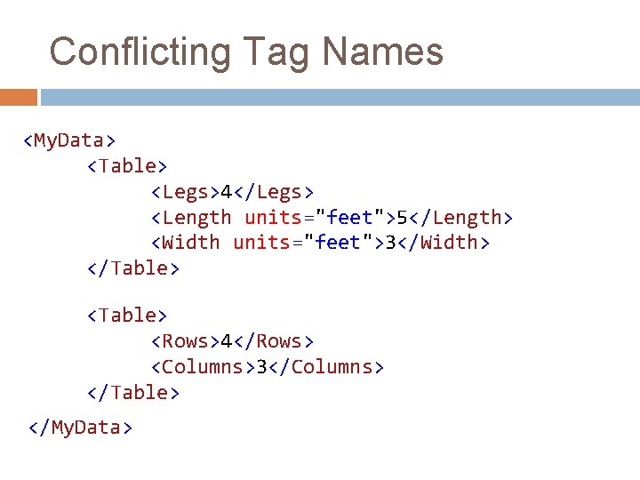 Conflicting Tag Names <My. Data> <Table> <Legs>4</Legs> <Length units="feet">5</Length> <Width units="feet">3</Width> </Table> <Rows>4</Rows> <Columns>3</Columns>