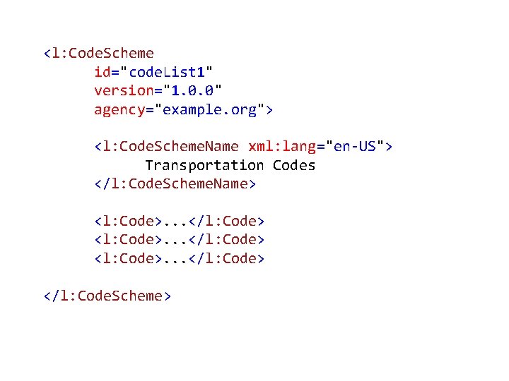 <l: Code. Scheme id="code. List 1" version="1. 0. 0" agency="example. org"> <l: Code. Scheme.