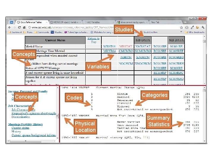 Studies Concepts Variables Concepts Codes Physical Location Categories Summary Statistics 