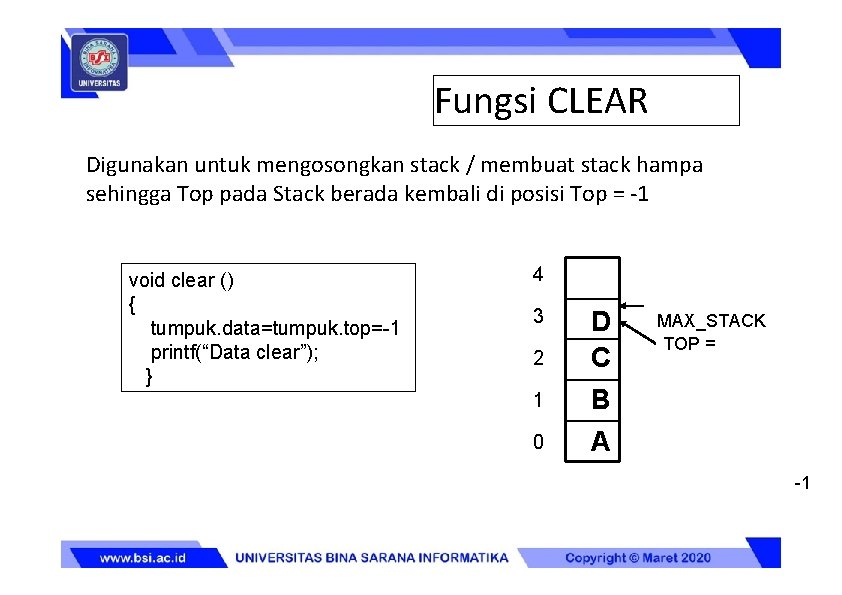 Fungsi CLEAR Digunakan untuk mengosongkan stack / membuat stack hampa sehingga Top pada Stack