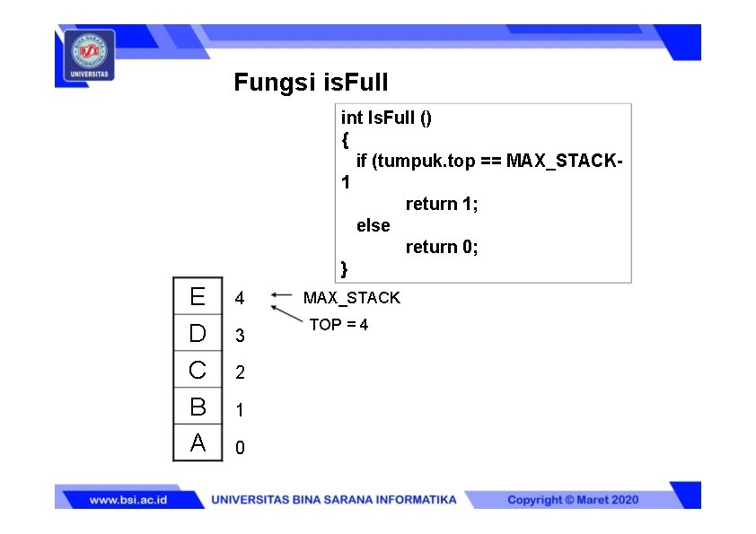 Fungsi is. Full int Is. Full () { if (tumpuk. top == MAX_STACK 1