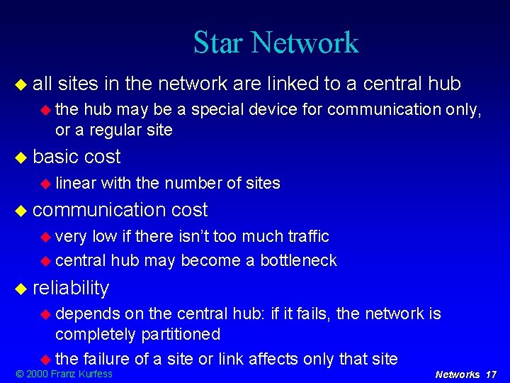 Star Network all sites in the network are linked to a central hub the