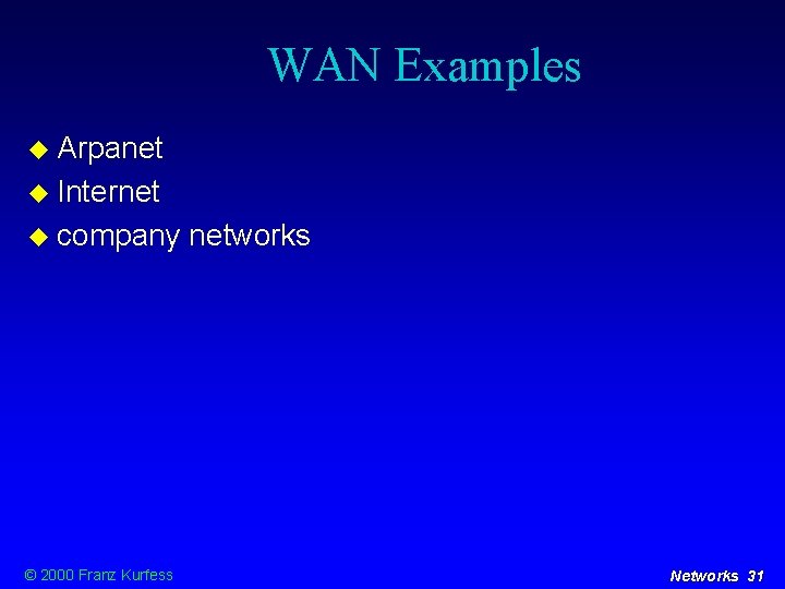 WAN Examples Arpanet Internet company © 2000 Franz Kurfess networks Networks 31 