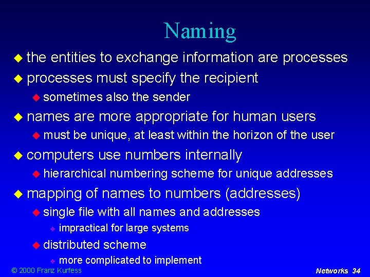 Naming the entities to exchange information are processes must specify the recipient sometimes names