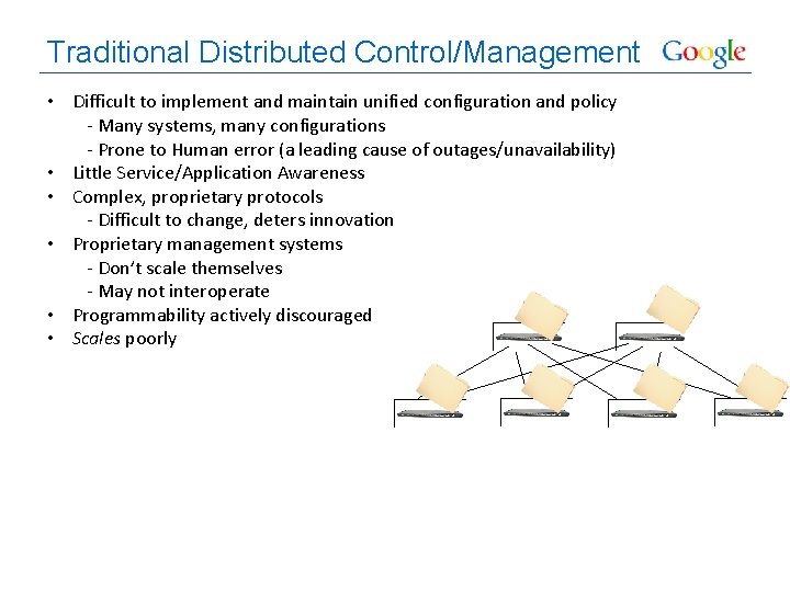 Traditional Distributed Control/Management • Difficult to implement and maintain unified configuration and policy -