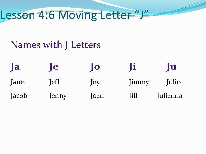 Lesson 4: 6 Moving Letter “J” Names with J Letters Ja Je Jo Ji