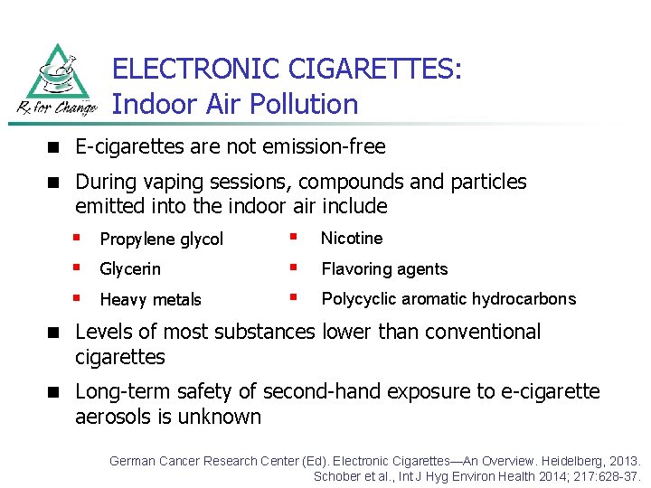 ELECTRONIC CIGARETTES: Indoor Air Pollution n E-cigarettes are not emission-free n During vaping sessions,
