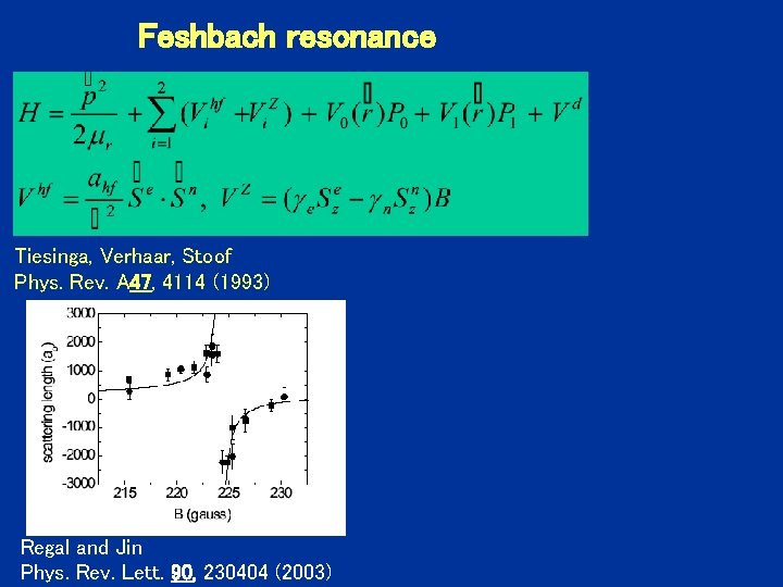 Feshbach resonance Tiesinga, Verhaar, Stoof Phys. Rev. A 47, 4114 (1993) Regal and Jin