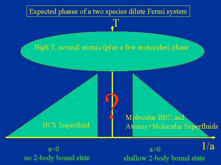 Expected phases of a two species dilute Fermi system T High T, normal atomic