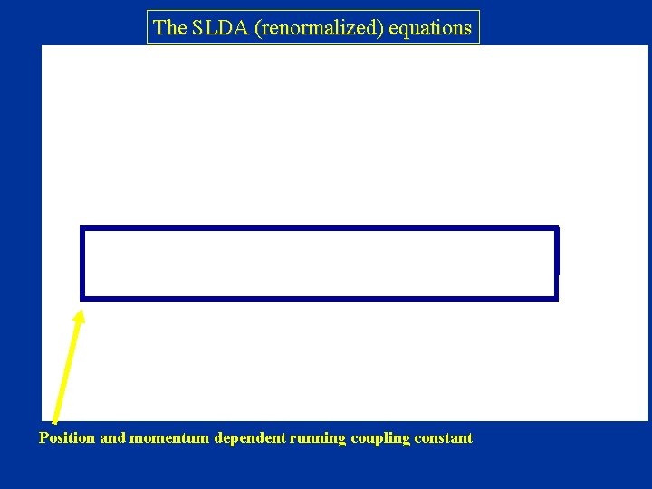 The SLDA (renormalized) equations Position and momentum dependent running coupling constant 