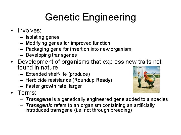 Genetic Engineering • Involves: – – Isolating genes Modifying genes for improved function Packaging