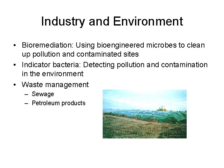 Industry and Environment • Bioremediation: Using bioengineered microbes to clean up pollution and contaminated