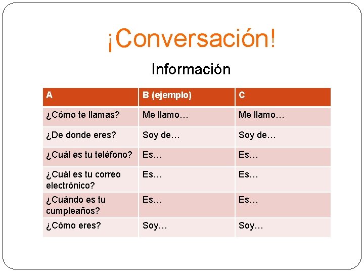 ¡Conversación! Información A B (ejemplo) C ¿Cómo te llamas? Me llamo… ¿De donde eres?