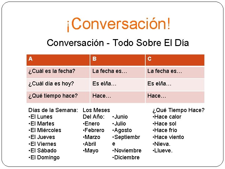 ¡Conversación! Conversación - Todo Sobre El Día A B C ¿Cuál es la fecha?