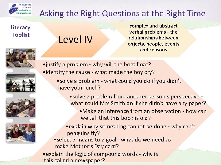 Asking the Right Questions at the Right Time Literacy Toolkit Level IV complex and