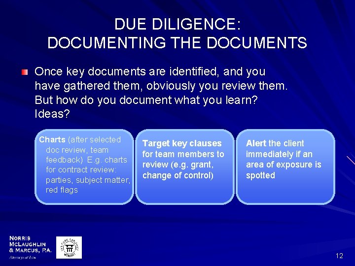 DUE DILIGENCE: DOCUMENTING THE DOCUMENTS Once key documents are identified, and you have gathered